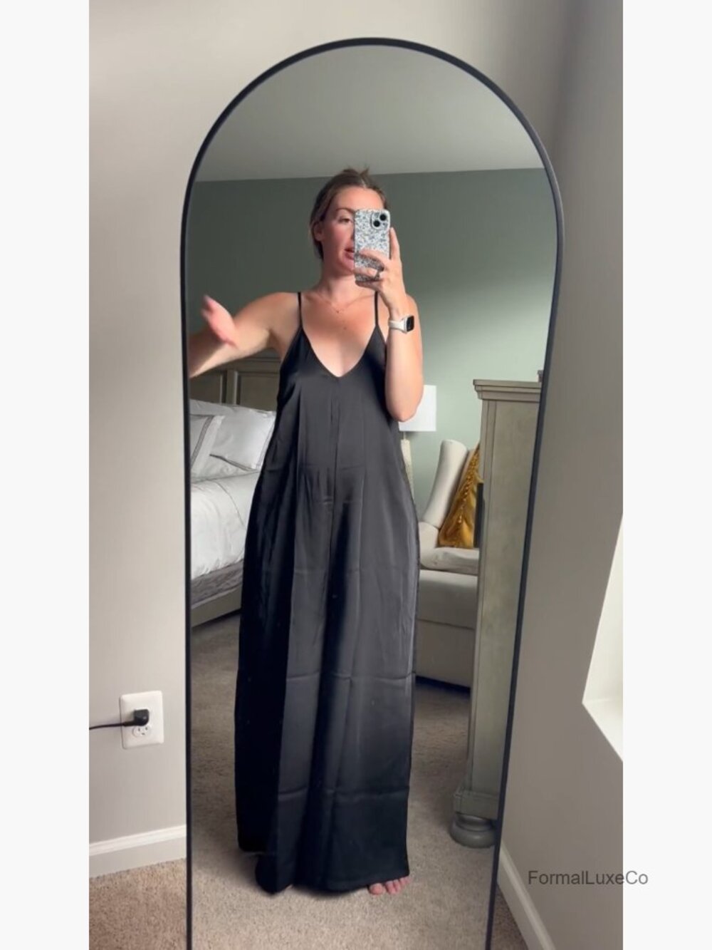 Satin Wide Leg Jumpsuit Spaghetti Strap Date Night Romper Flowy - Picture 7 of 7